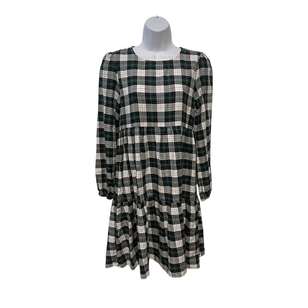 Zara Woman Green Plaid Tiered Babydoll Dress Long Sleeve Casual Mini XS - Picture 7 of 8